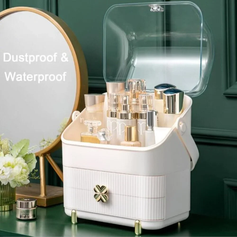 Preppy Skincare Organizer, 3-Tier Ivory White Makeup Box with Drawers & Handle